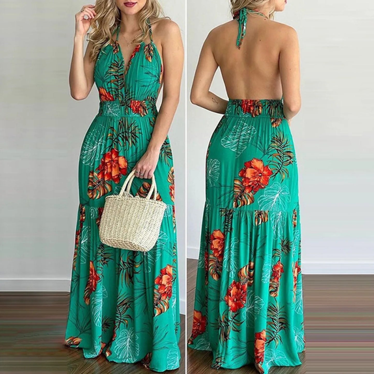 Summer Long Dress Bohemia Floral Casual Sexy Backless Halter Strapless for Women