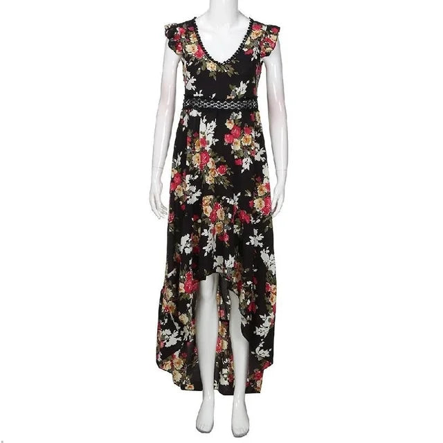 Backless Floral Printed Hollow Out Women Dress  Black White V Neck Laceback