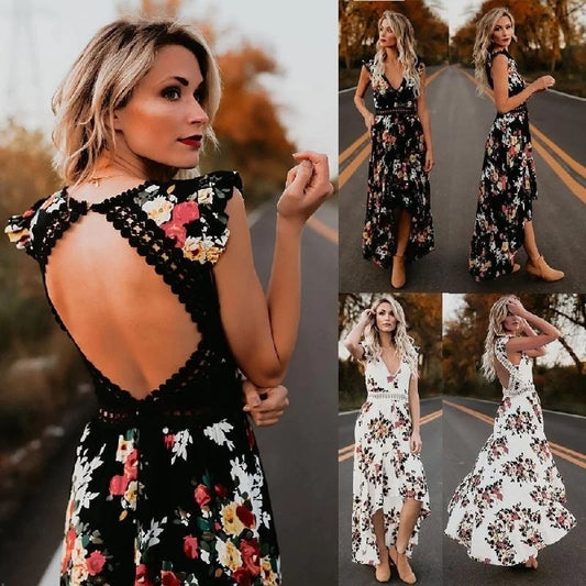 Backless Floral Printed Hollow Out Women Dress  Black White V Neck Laceback