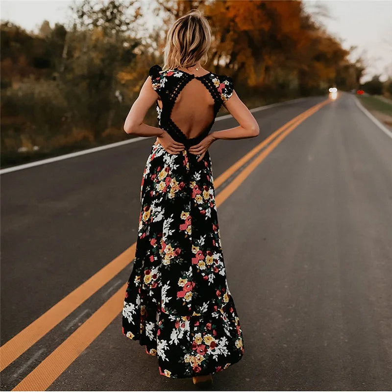 Backless Floral Printed Hollow Out Women Dress  Black White V Neck Laceback