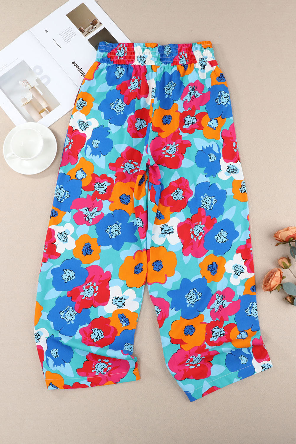 Multicolor Abstract Floral Print Drawstring Wide Waistband Pants