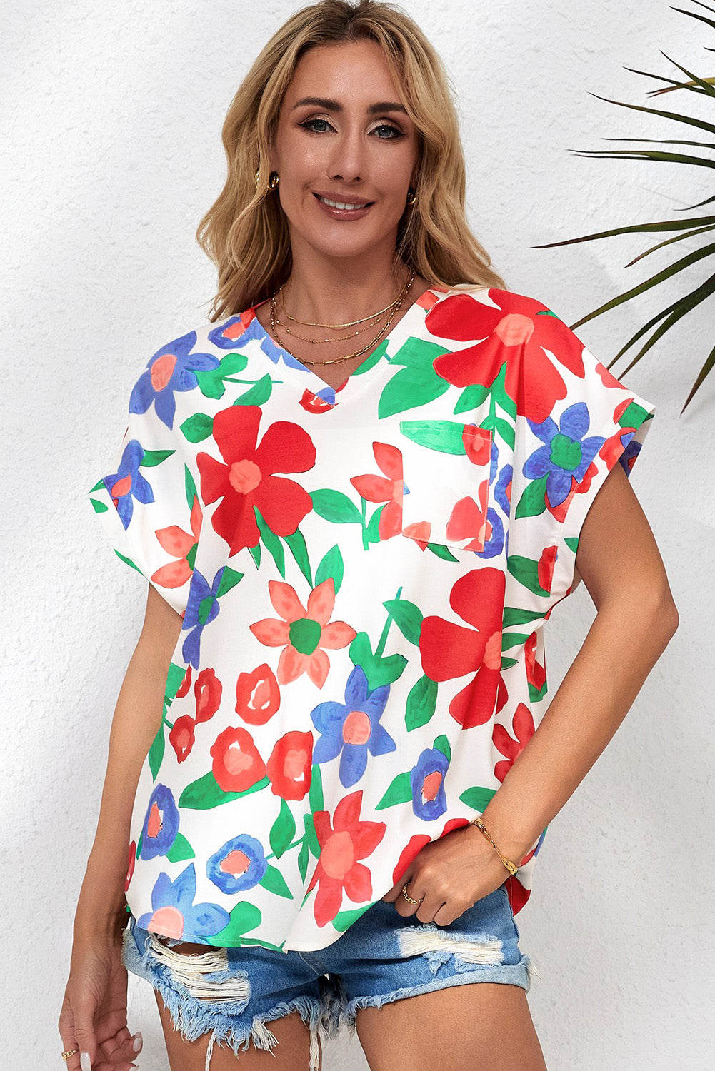 Flower Print Chest Pocket V Neck Blouse