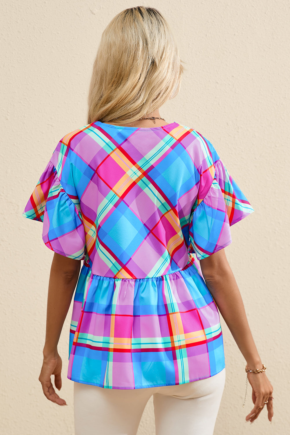 Sky Blue Colorful Plaid V Neck Ruffled Short Sleeve Babydoll Top