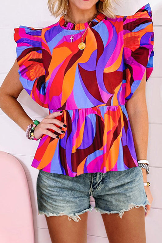 Orange Abstract Print Flutter Sleeve Peplum Blouse