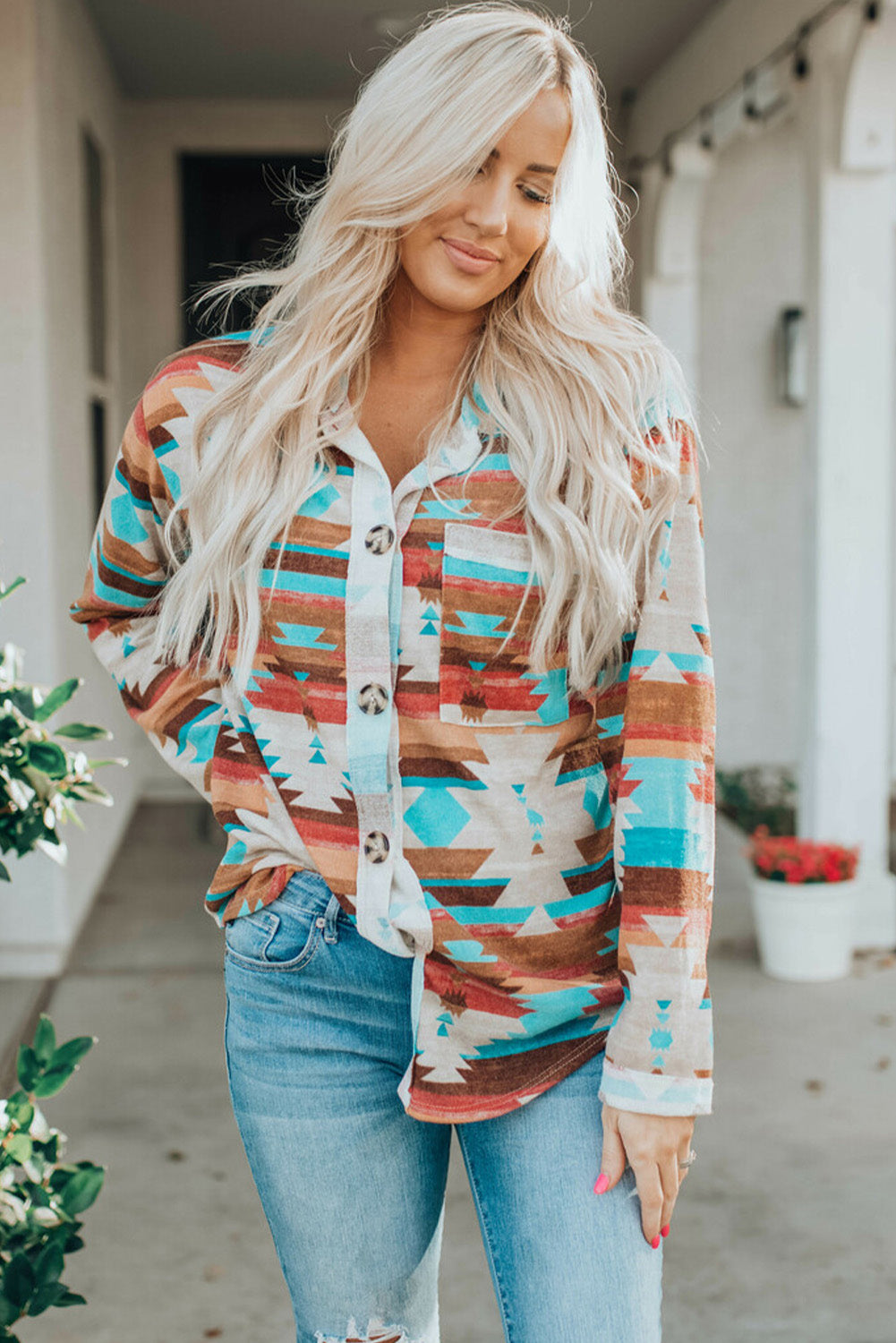 Multicolor Aztec Print Buttoned Pocket Chest Long Sleeve Shirt