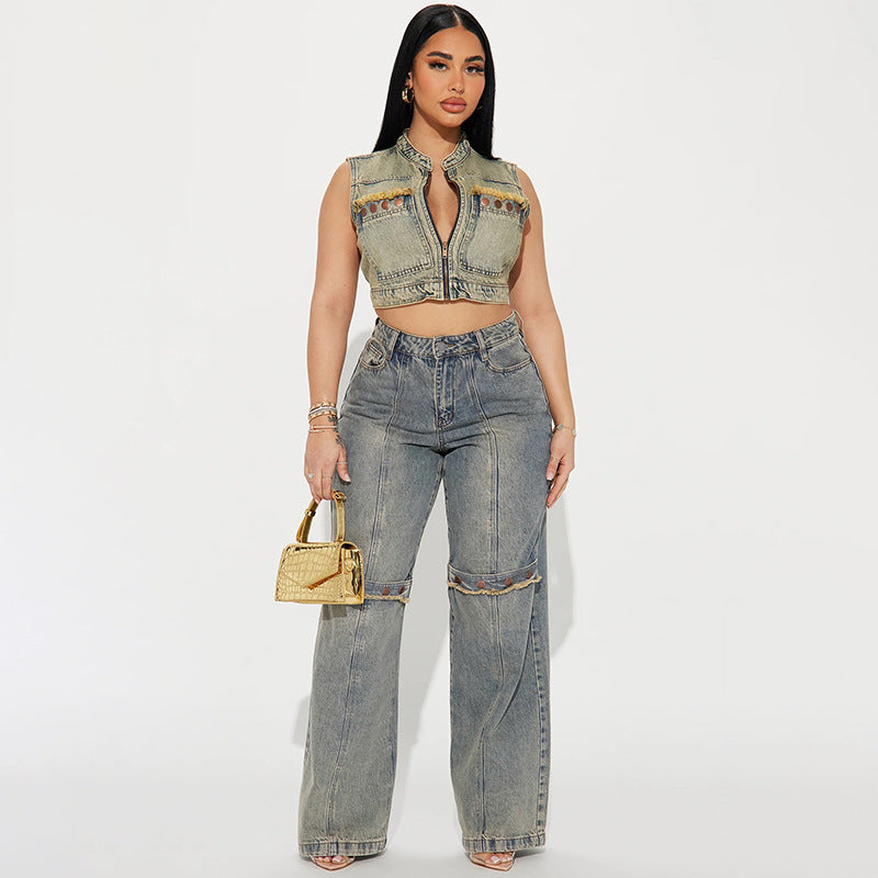 Women's Wide Leg Jeans Washed Denim Pants Grunge Basic Slouchy Trousers