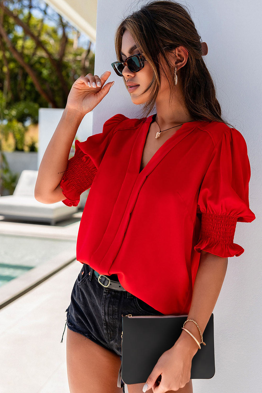 Fiery Red Solid Color Half Sleeve V Neck Blouse