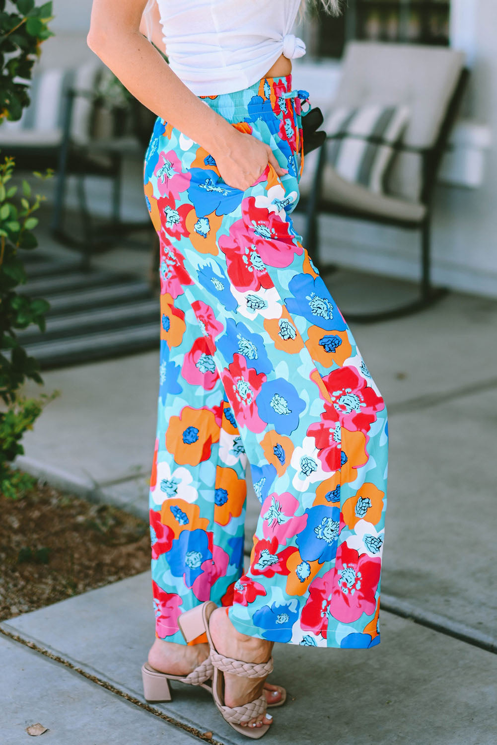 Multicolor Abstract Floral Print Drawstring Wide Waistband Pants