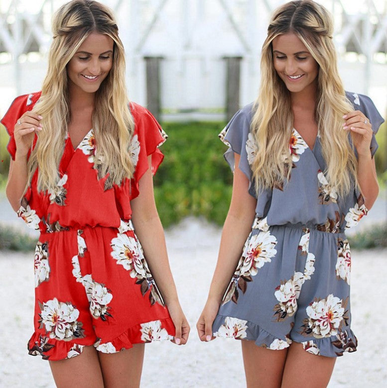 Women's wide Leg One-piece Shorts set V-neck Ruffled