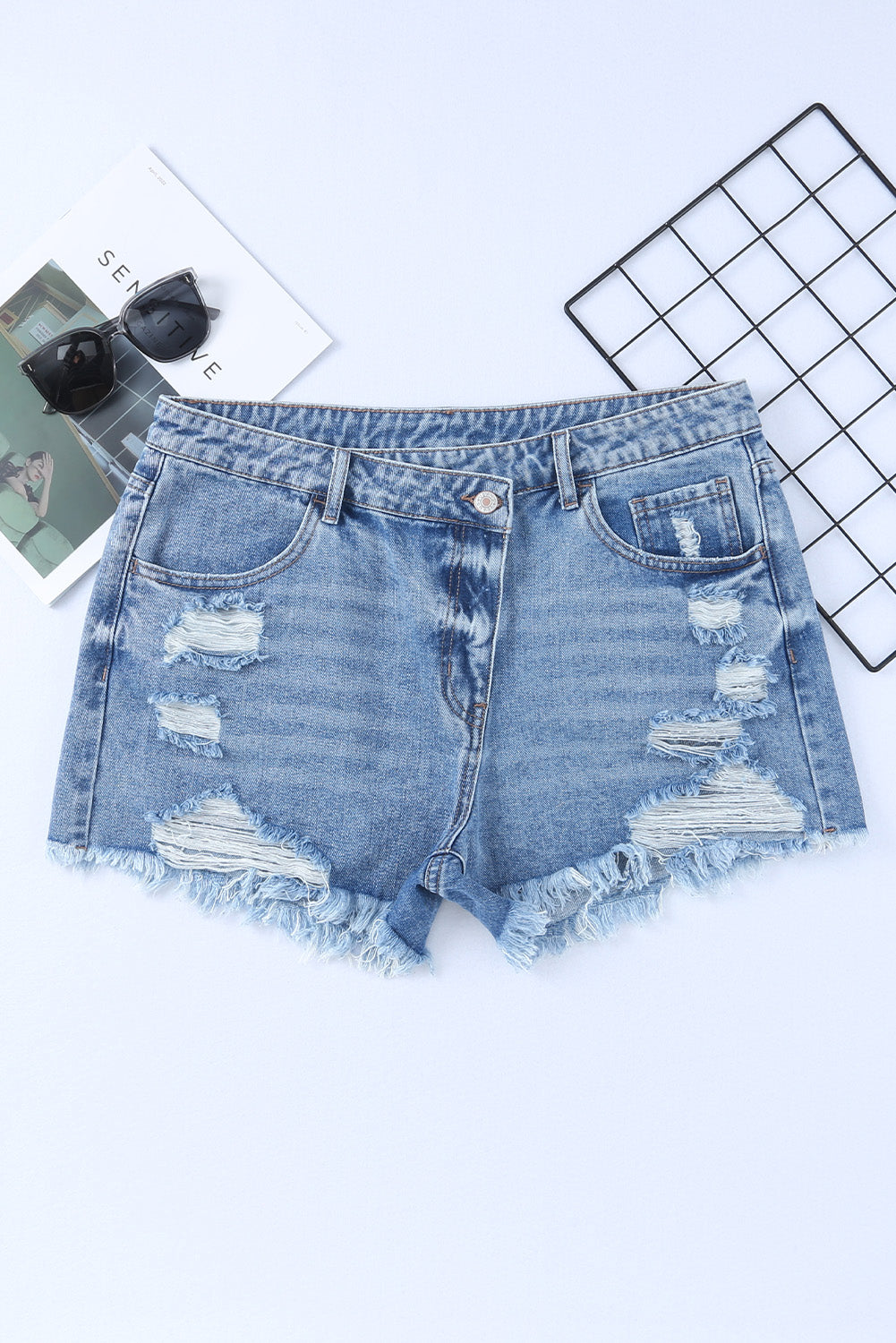 Sky Blue High Rise Crossover Waist Denim Shorts