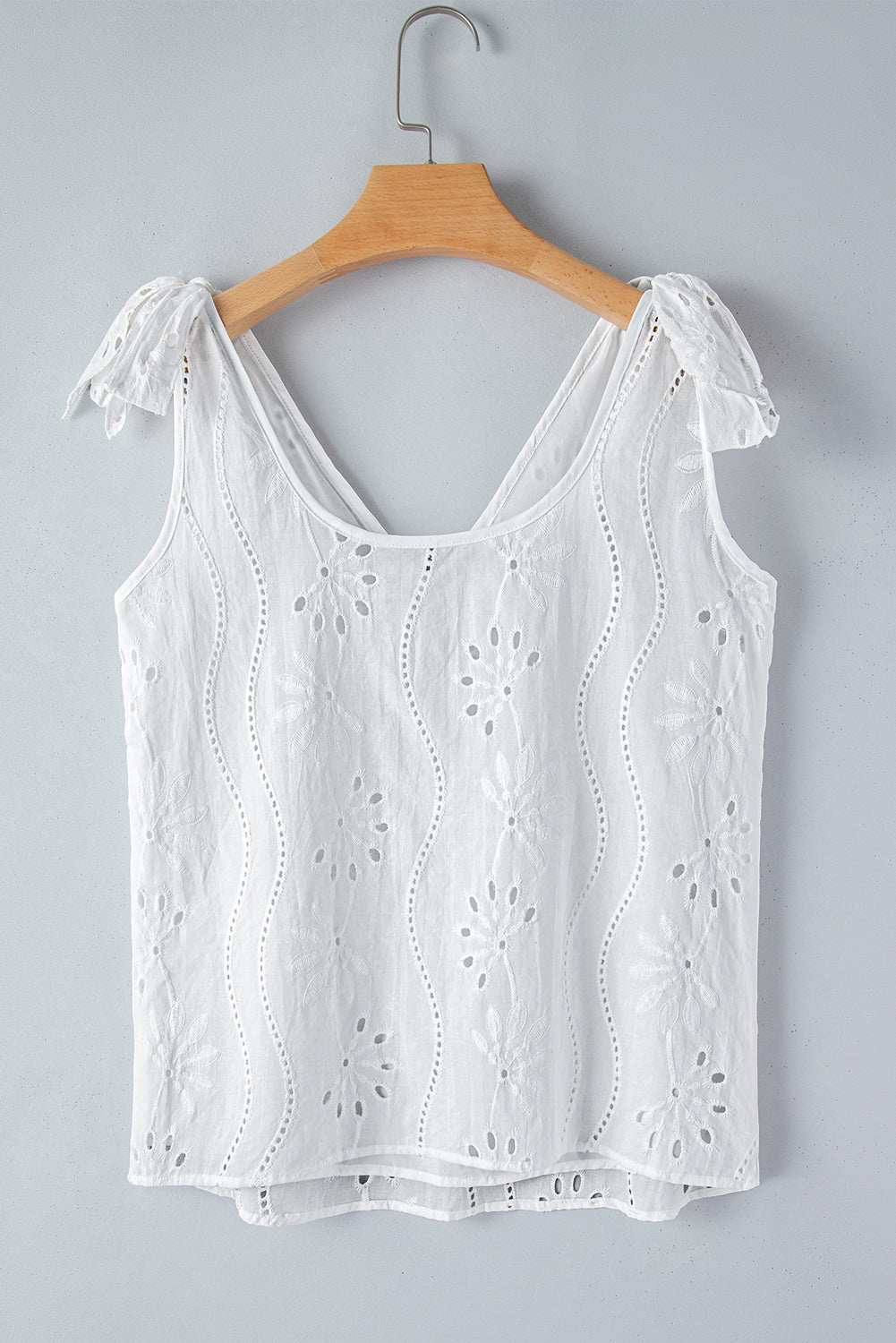 Women's Top White Embroidery Patterned Knotted Straps V Neck Tank Top