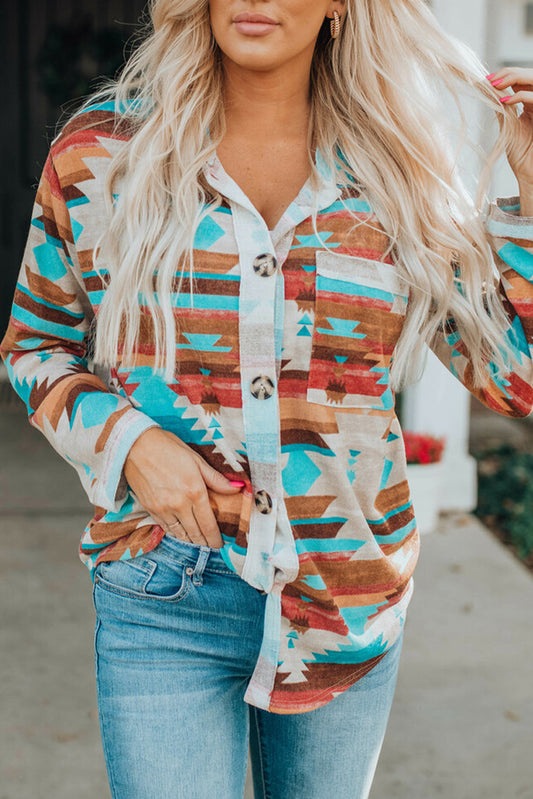 Multicolor Aztec Print Buttoned Pocket Chest Long Sleeve Shirt