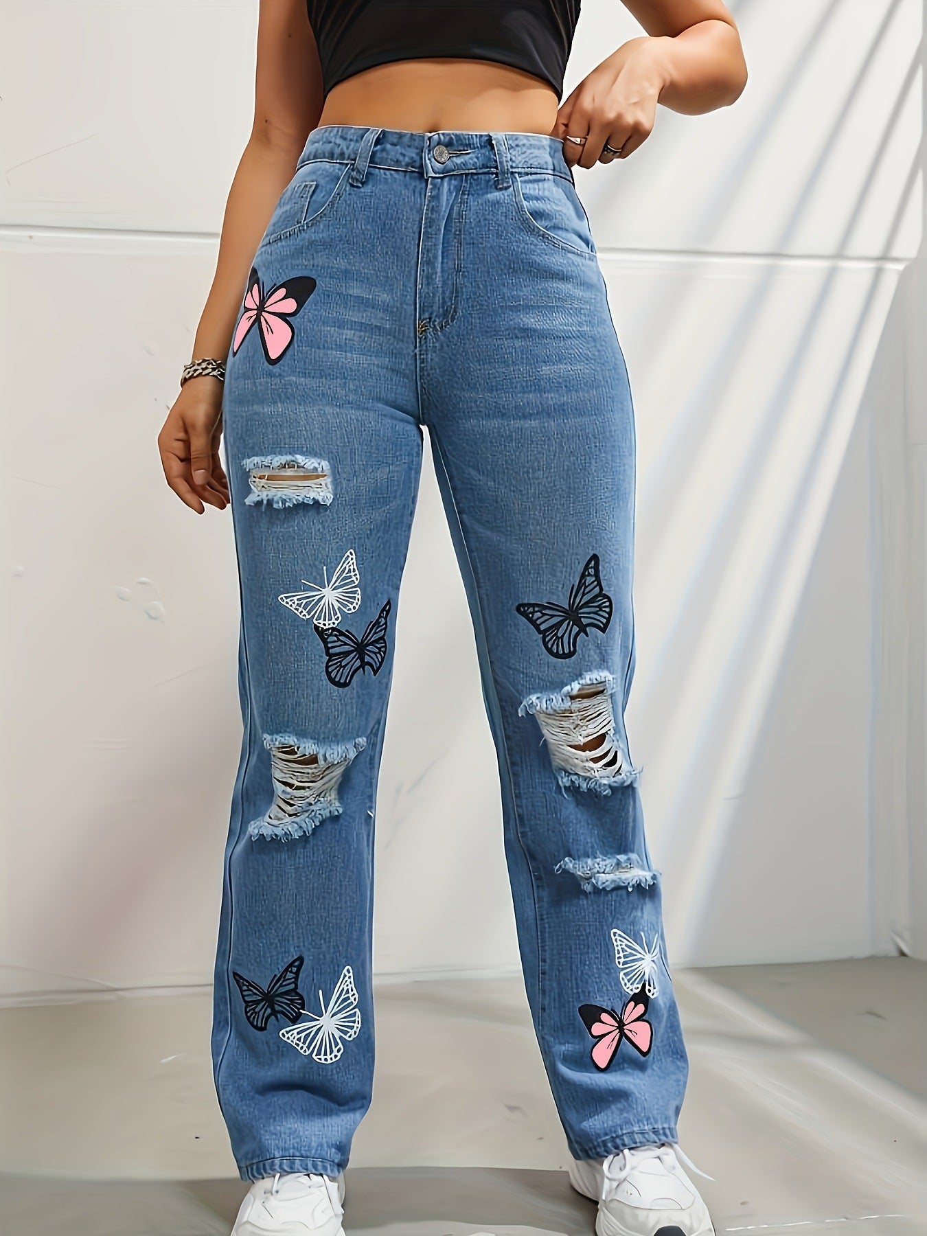 High Waisted Straight Leg Jeans For Women Butterfly Print Ripped Distressed Denim