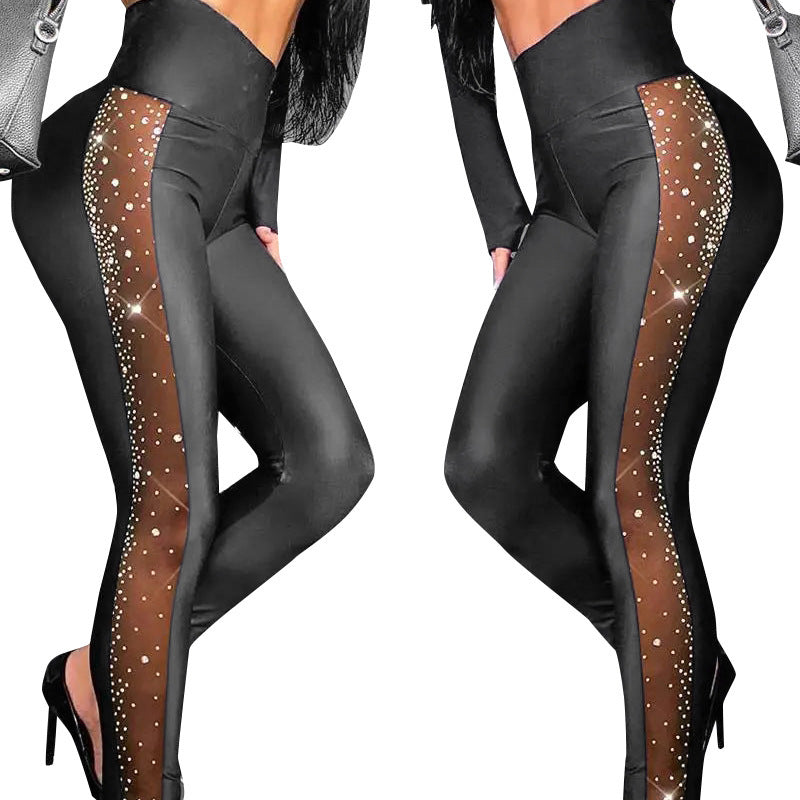 Rhinestone Mesh Stitching Tight Casual Trousers Women