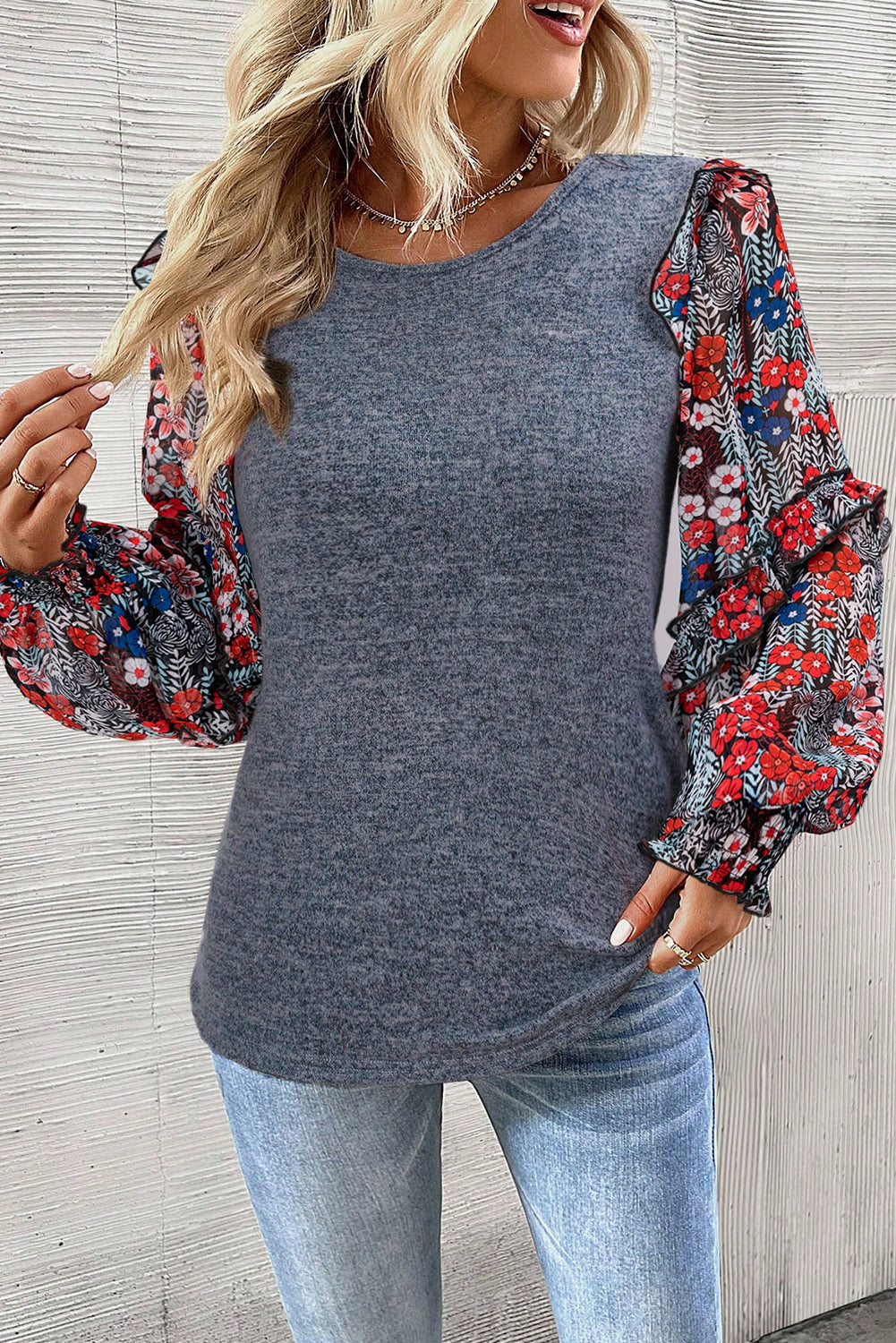 Blue Ruffle Tiered Floral Sleeve Crew Neck Blouse