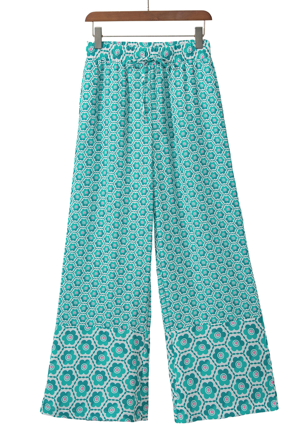 Green Boho Geometric Print Drawstring High Waist Flared Pants