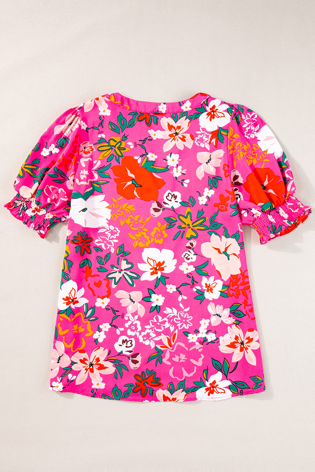 Rose Floral Printed Split V Neck Puff Sleeve Blouse