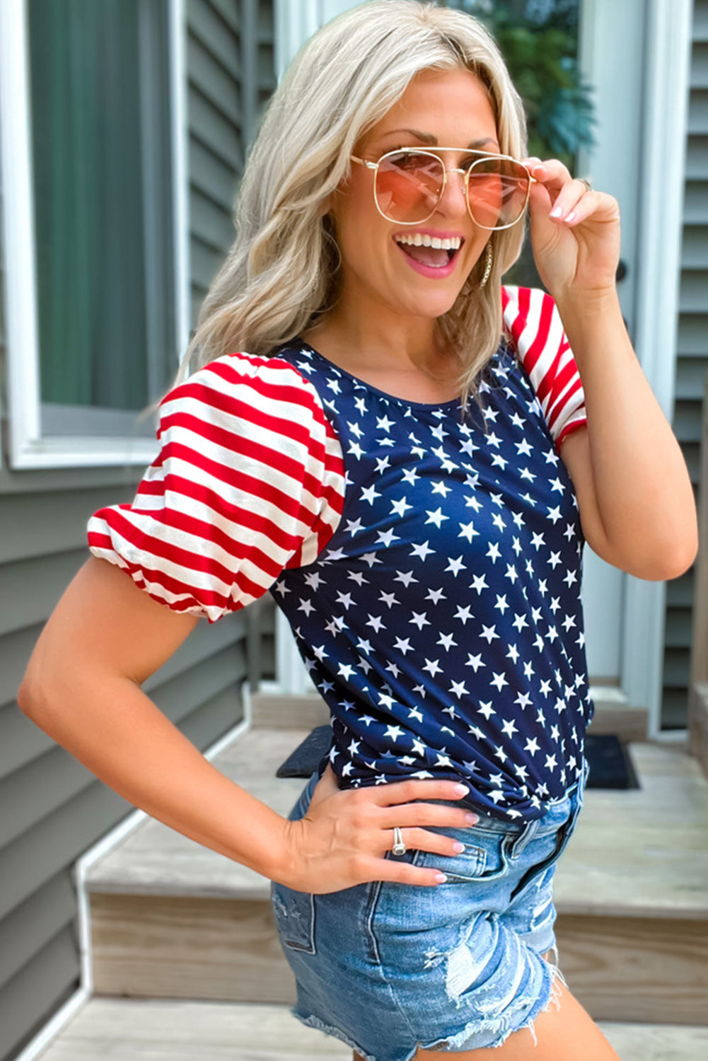 Navy Blue Stars Stripes Puff Sleeve T Shirt