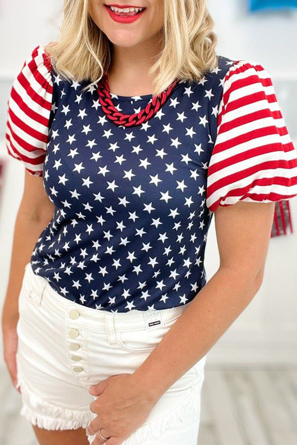 Navy Blue Stars Stripes Puff Sleeve T Shirt