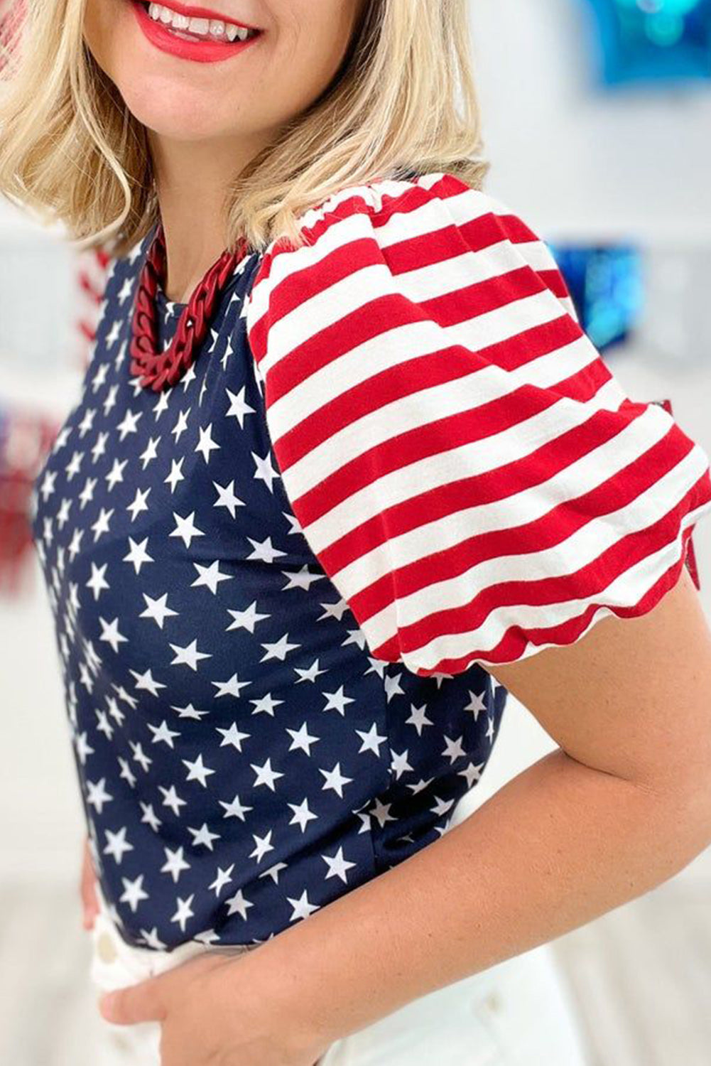 Navy Blue Stars Stripes Puff Sleeve T Shirt