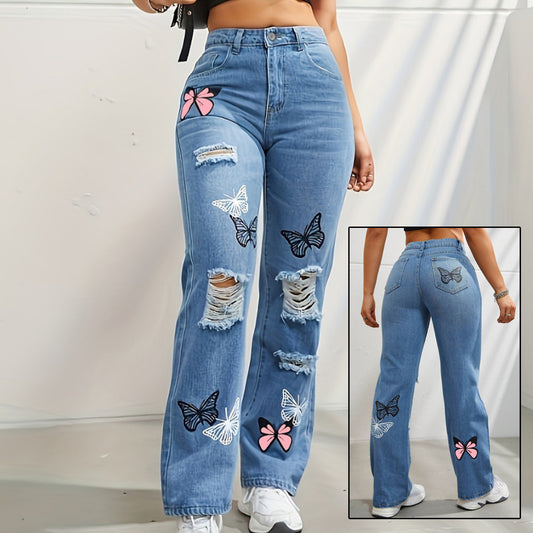 High Waisted Straight Leg Jeans For Women Butterfly Print Ripped Distressed Denim